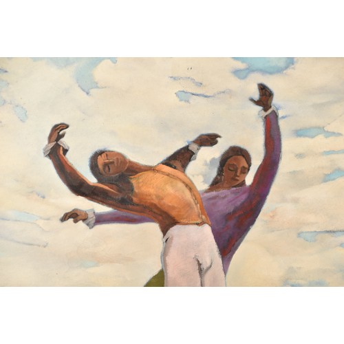 71 - Emmanuel Lamotte (French, 1916-1998). A large painting depicting two figures leaping into mid air in... 