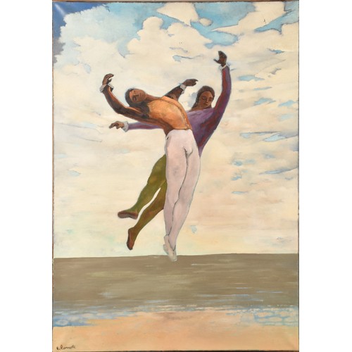 71 - Emmanuel Lamotte (French, 1916-1998). A large painting depicting two figures leaping into mid air in... 