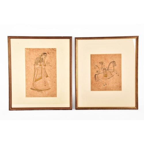 74 - 19th century Indian school pair of portraits, one of an Indian princess holding a bird, 30 x 19cm, t... 