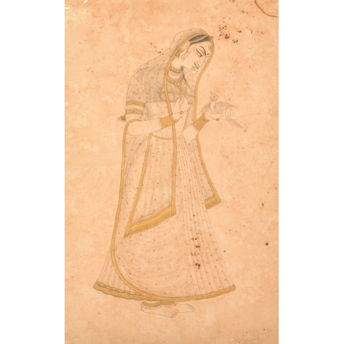 74 - 19th century Indian school pair of portraits, one of an Indian princess holding a bird, 30 x 19cm, t... 