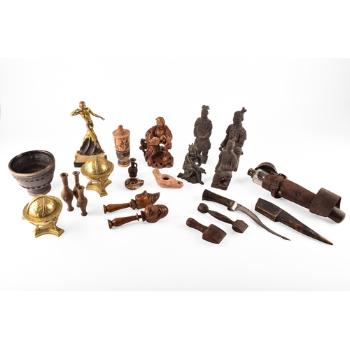 132 - A collection of decorative items including copies of the terracotta warriors, a silver topped flask ... 