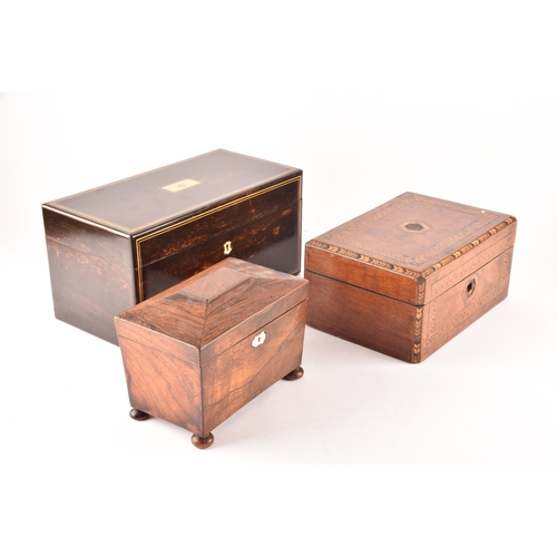 335 - Victorian coromandel tea caddy by Lund, Cornhill London, together with a Regency rosewood tea caddy,... 