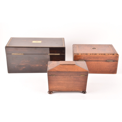 335 - Victorian coromandel tea caddy by Lund, Cornhill London, together with a Regency rosewood tea caddy,... 