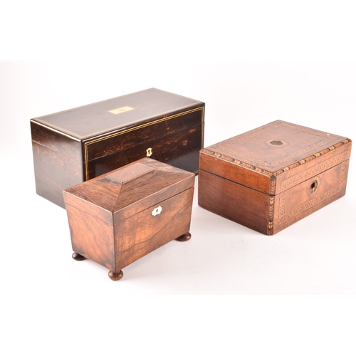 335 - Victorian coromandel tea caddy by Lund, Cornhill London, together with a Regency rosewood tea caddy,... 