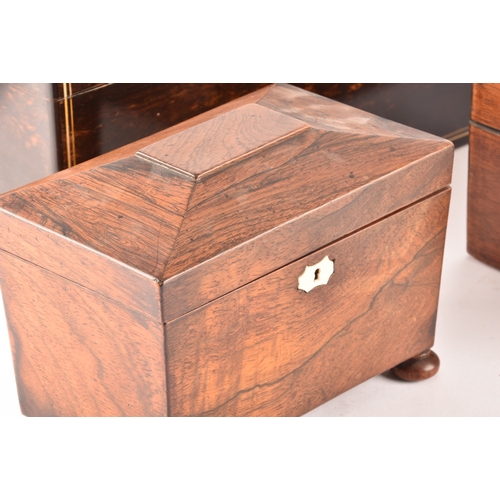 335 - Victorian coromandel tea caddy by Lund, Cornhill London, together with a Regency rosewood tea caddy,... 