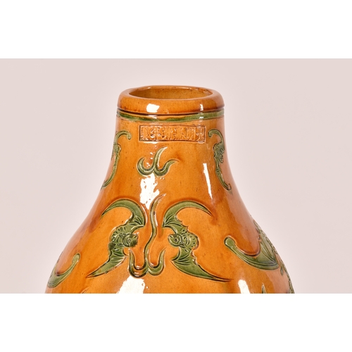 243 - A very large pair of Chinese yellow glazed doubled gourd garden vases, decorated in green with bats ... 