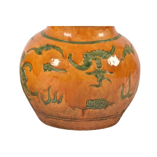 243 - A very large pair of Chinese yellow glazed doubled gourd garden vases, decorated in green with bats ... 