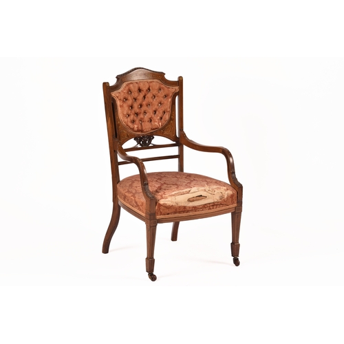 310 - An Edwardian rosewood inlaid salon chair with ivory and boxwood inlaid decoration, buttoned back, up... 