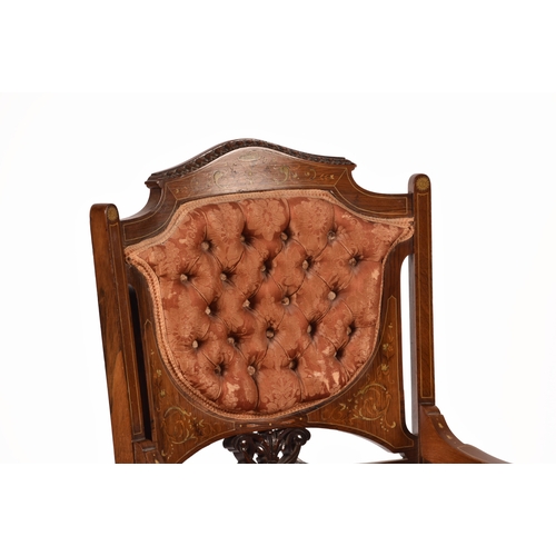 310 - An Edwardian rosewood inlaid salon chair with ivory and boxwood inlaid decoration, buttoned back, up... 