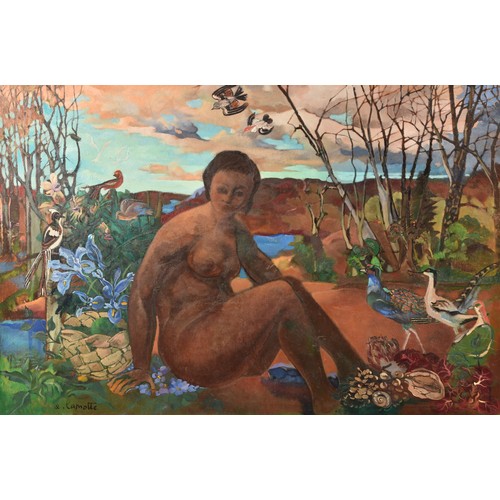 75 - Emmanuel Lamotte (French, 1916-1998)a portrait of a nude woman seated in a landscape, surrounded by ... 