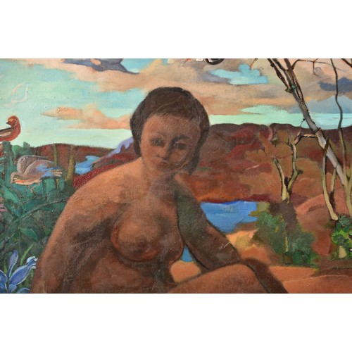 75 - Emmanuel Lamotte (French, 1916-1998)a portrait of a nude woman seated in a landscape, surrounded by ... 