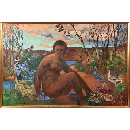 75 - Emmanuel Lamotte (French, 1916-1998)a portrait of a nude woman seated in a landscape, surrounded by ... 