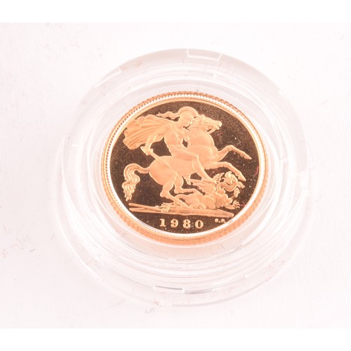 141 - A 1980 22ct gold proof half sovereign Royal mint with paperwork and original case, 4 grams.