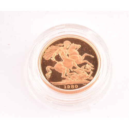 139 - A 1980 22ct gold full proof sovereign Royal mint with paperwork and original case, 8 grams.