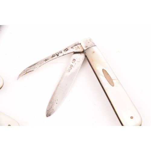 166 - Three Victorian silver and mother of pearl folding pen knives, one hallmarked for Sheffield 1862 by ... 