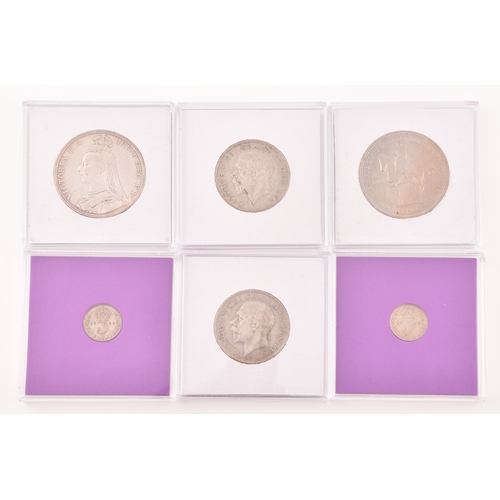 143A - A collection of silver coins including a Queen Victoria 1892 crown, two 1936 half crowns, 1920 and 1... 