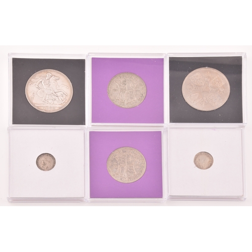 143A - A collection of silver coins including a Queen Victoria 1892 crown, two 1936 half crowns, 1920 and 1... 