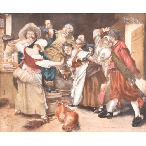 11 - A watercolour painting of a bawdy tavern scene with revellers, indistinct signature to lower left, d... 