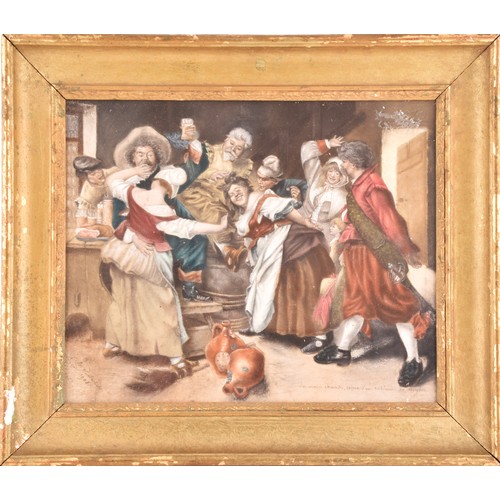 11 - A watercolour painting of a bawdy tavern scene with revellers, indistinct signature to lower left, d... 