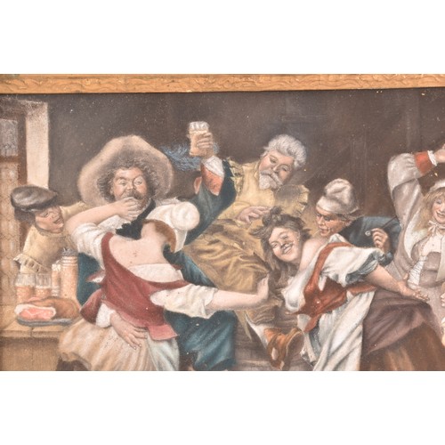 11 - A watercolour painting of a bawdy tavern scene with revellers, indistinct signature to lower left, d... 