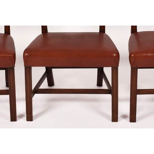 366 - A set of six Georgian design dining chairs, with carved and pierced backs and overstuffed leather se... 