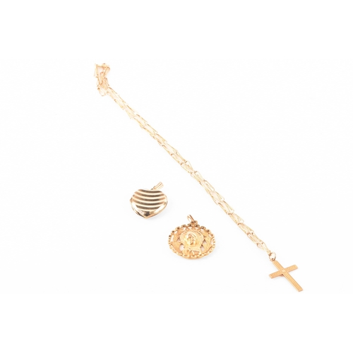 66 - A group of gold jewellery, including a 9ct cross chain, chain length 37cm, a 9ct yellow gold heart-s... 