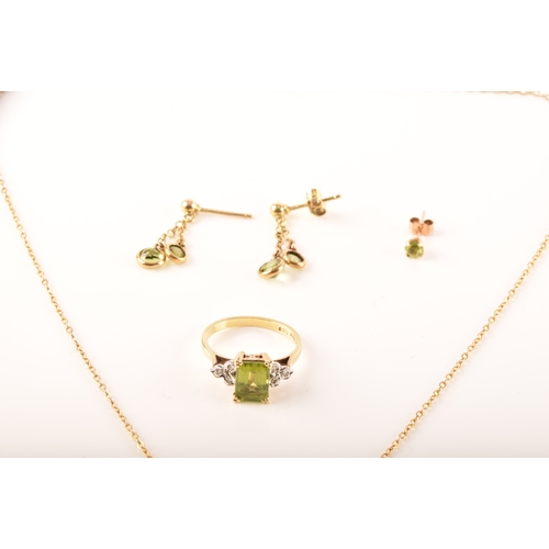 53 - 18ct gold peridot & diamond ring, size J, a 9ct gold and peridot and pearl necklace, a pair of 9... 