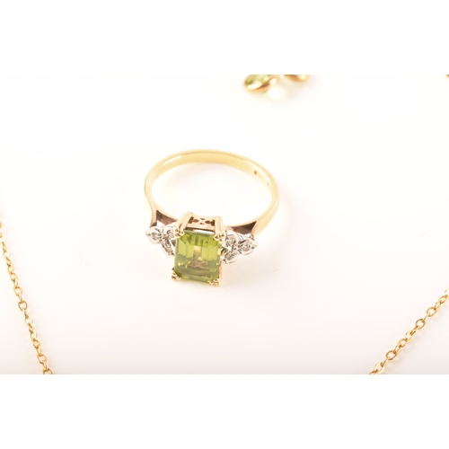 53 - 18ct gold peridot & diamond ring, size J, a 9ct gold and peridot and pearl necklace, a pair of 9... 