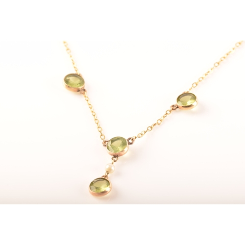 53 - 18ct gold peridot & diamond ring, size J, a 9ct gold and peridot and pearl necklace, a pair of 9... 