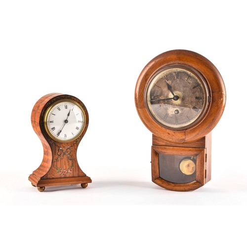 354 - An Edwardian painted satinwood balloon clock with white dial and black Roman numerals, together with... 