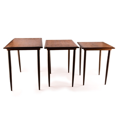 363 - A nest of three Danish rosewood occasional tables, with rounded edges and turned tapering legs, larg... 