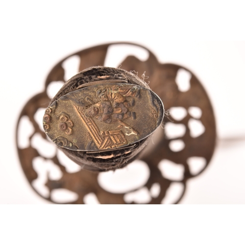 290 - A 19th century Japanese Katana sword, the pierced bronze Tsuba decorated with figures and traces of ... 