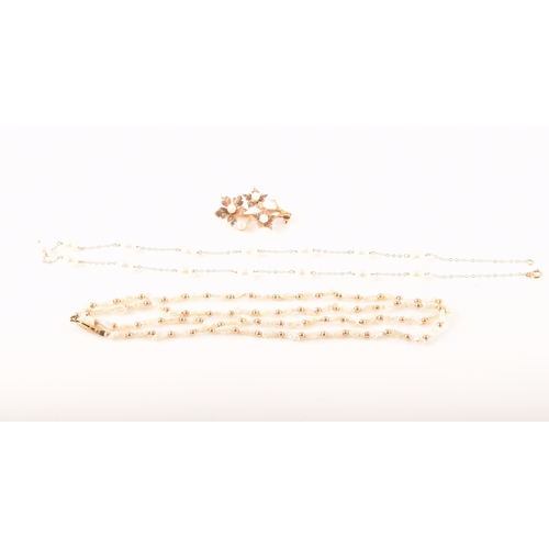 100 - A 9ct gold and pearl brooch, a 14ct pearl necklace, together with a gold plated bead and pearl chain... 