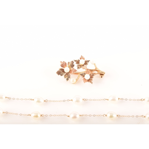 100 - A 9ct gold and pearl brooch, a 14ct pearl necklace, together with a gold plated bead and pearl chain... 