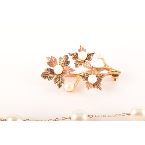 100 - A 9ct gold and pearl brooch, a 14ct pearl necklace, together with a gold plated bead and pearl chain... 