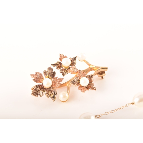 100 - A 9ct gold and pearl brooch, a 14ct pearl necklace, together with a gold plated bead and pearl chain... 