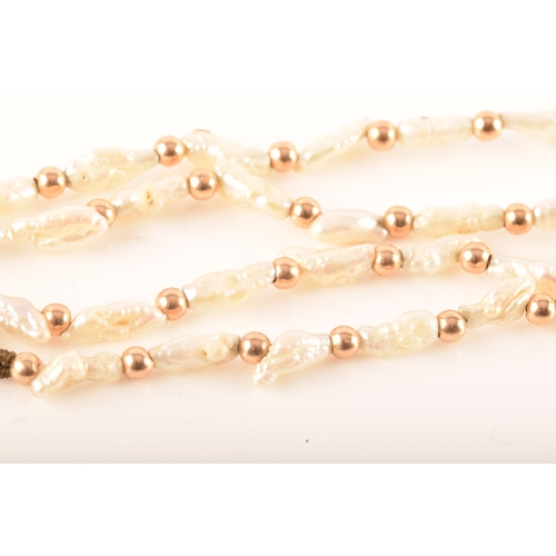 100 - A 9ct gold and pearl brooch, a 14ct pearl necklace, together with a gold plated bead and pearl chain... 