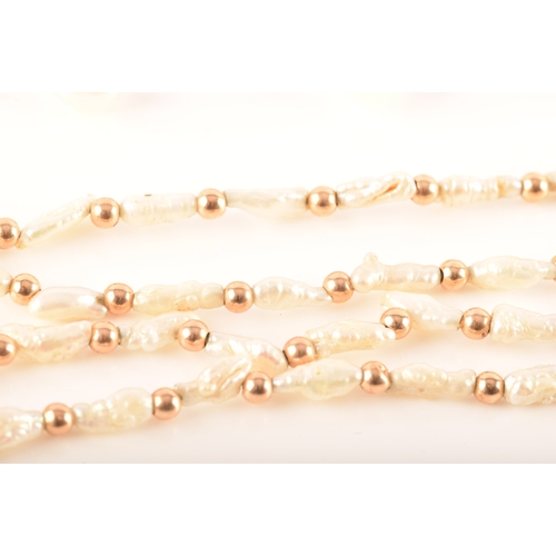 100 - A 9ct gold and pearl brooch, a 14ct pearl necklace, together with a gold plated bead and pearl chain... 