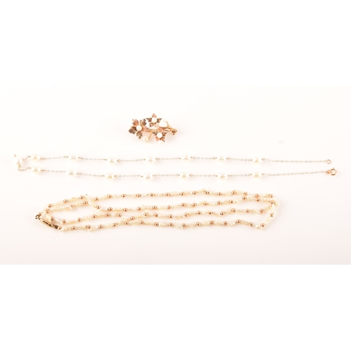 100 - A 9ct gold and pearl brooch, a 14ct pearl necklace, together with a gold plated bead and pearl chain... 