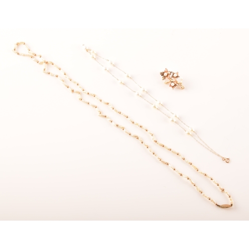 100 - A 9ct gold and pearl brooch, a 14ct pearl necklace, together with a gold plated bead and pearl chain... 