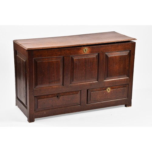 378 - An 18th century oak coffer, with hinged folding lid, triple panelled front over two short drawers, 1... 