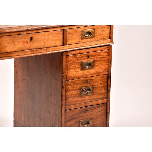 372 - A Victorian mahogany campaign pedestal desk, of small proportions, the gilt tooled leather top, over... 