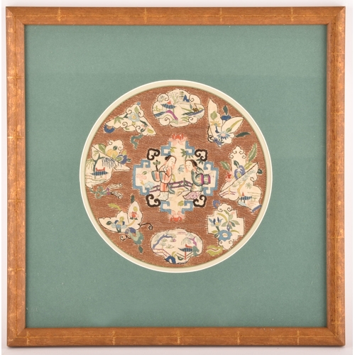 298 - A collection of three 19th century Chinese embroidered panels, comprising a roundel from an embroide... 