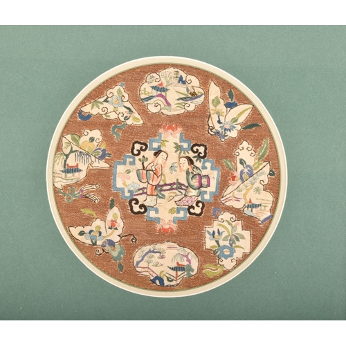 298 - A collection of three 19th century Chinese embroidered panels, comprising a roundel from an embroide... 