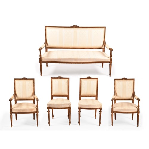 380 - A French 19th century Louis XVI style giltwood salon suite, comprising a settee, a pair of armchairs... 