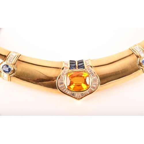 9 - An 18ct yellow gold, sapphire and diamond choker style collar necklace, featuring a rectangular cush... 