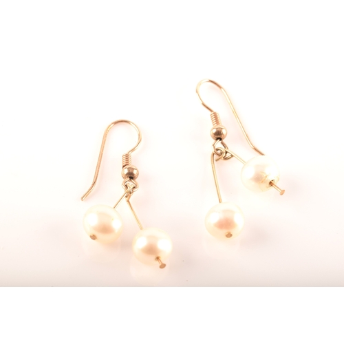 97 - A pair of 9ct yellow gold pearl drop earrings, together with a single strand of freshwater pearls st... 