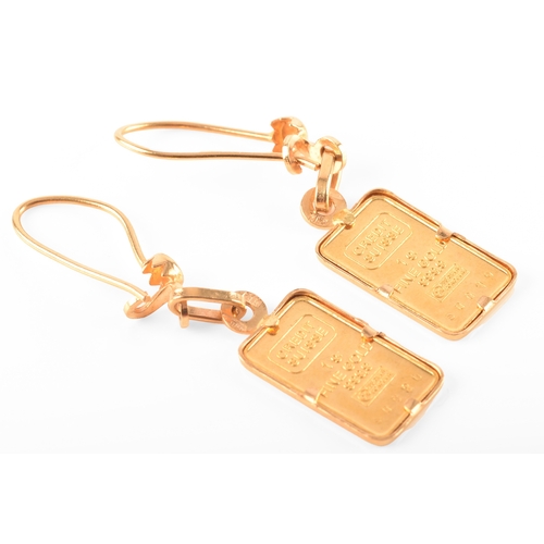 83 - A pair of 24ct yellow gold ingot earrings, national bank of Abu Dhabi, marked 'Credit suisse 1g fine... 