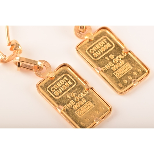 83 - A pair of 24ct yellow gold ingot earrings, national bank of Abu Dhabi, marked 'Credit suisse 1g fine... 