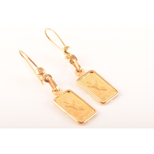 83 - A pair of 24ct yellow gold ingot earrings, national bank of Abu Dhabi, marked 'Credit suisse 1g fine... 